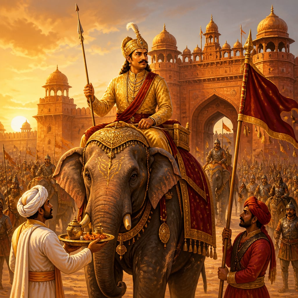 Hemu on his war elephant before the gates of Delhi in 1556