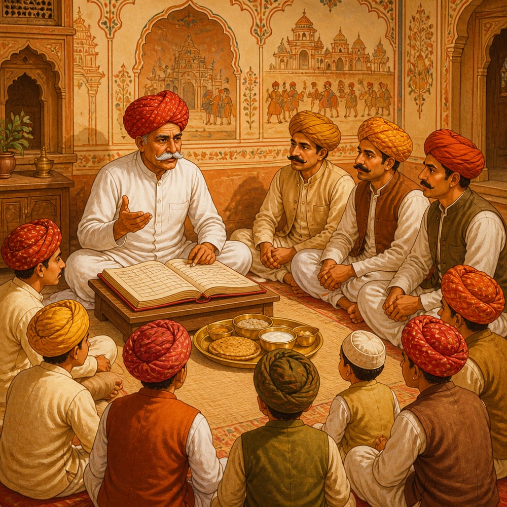 Shiv Narain Birla leading a multi-generational family baithak in 1857 Pilani