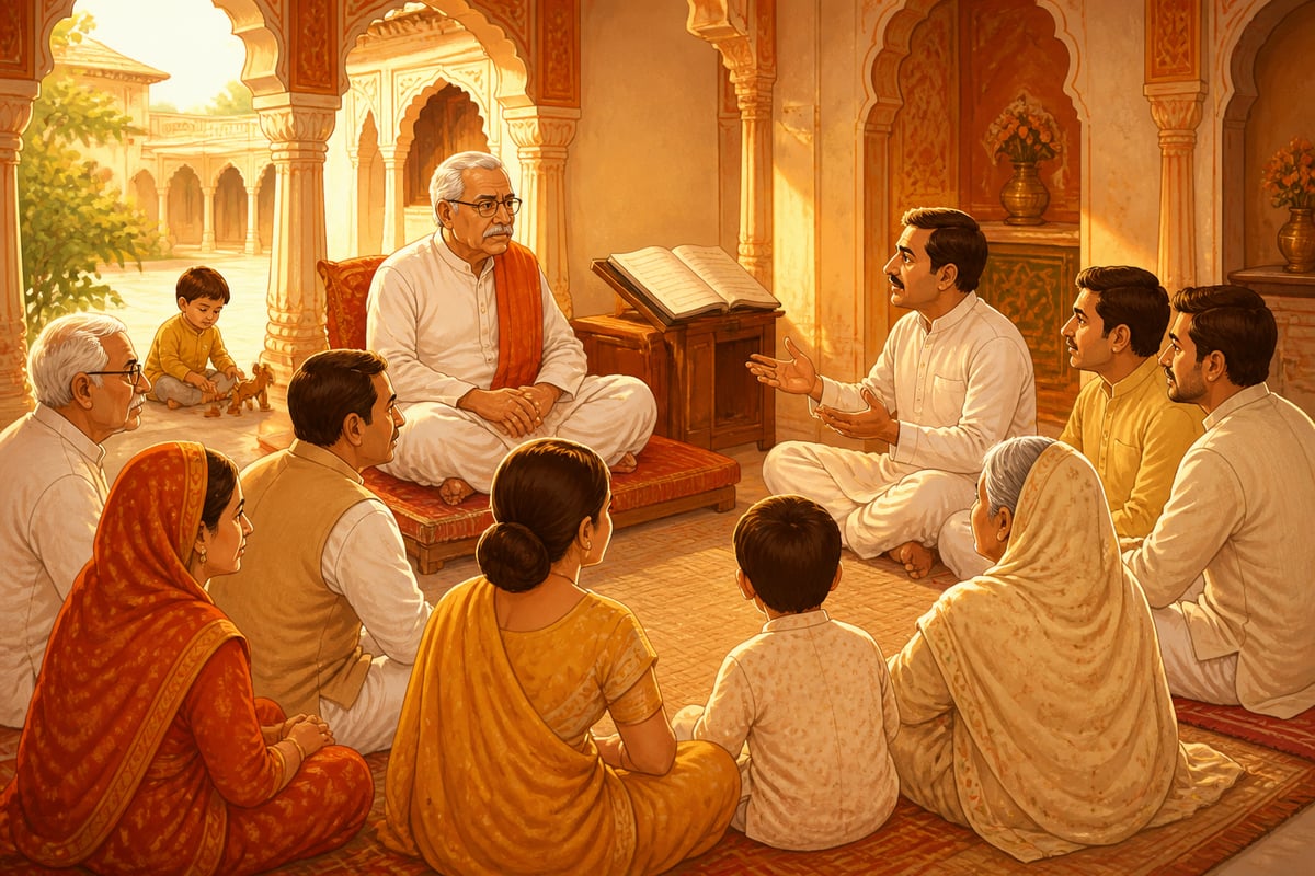 A Marwari karta hearing a nephew's business proposal in a haveli hall