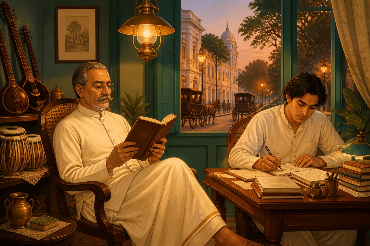 A genteel Bengali bhadralok household reading law in late-19th-century Calcutta