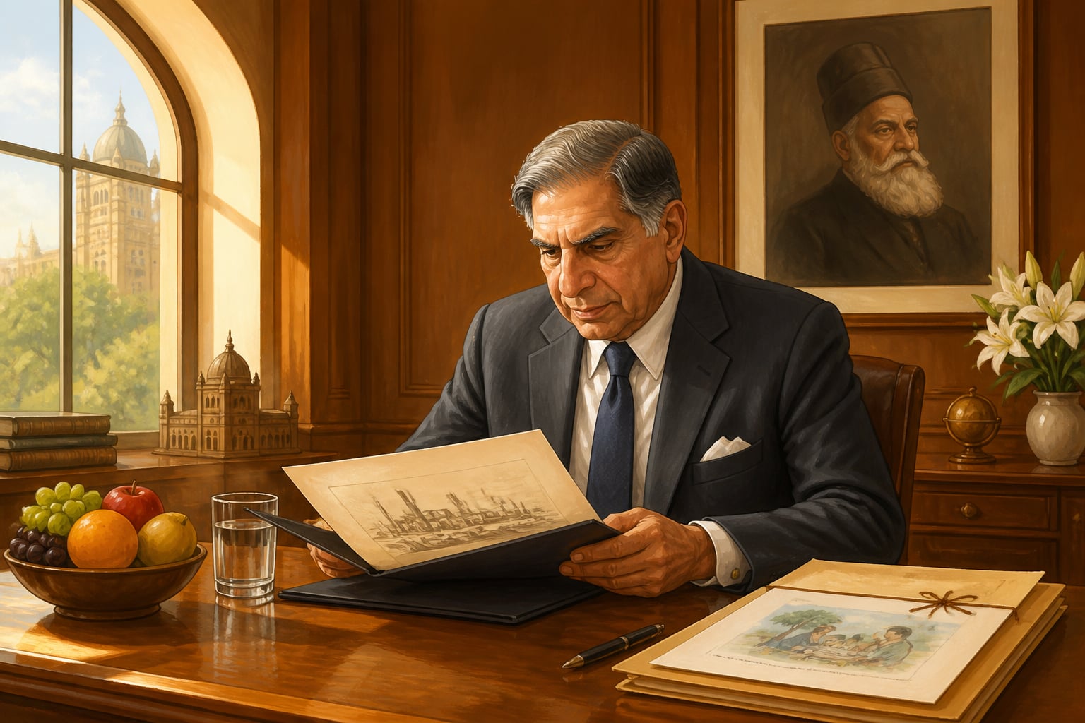 Ratan Tata reviewing a strategic acquisition file at Bombay House