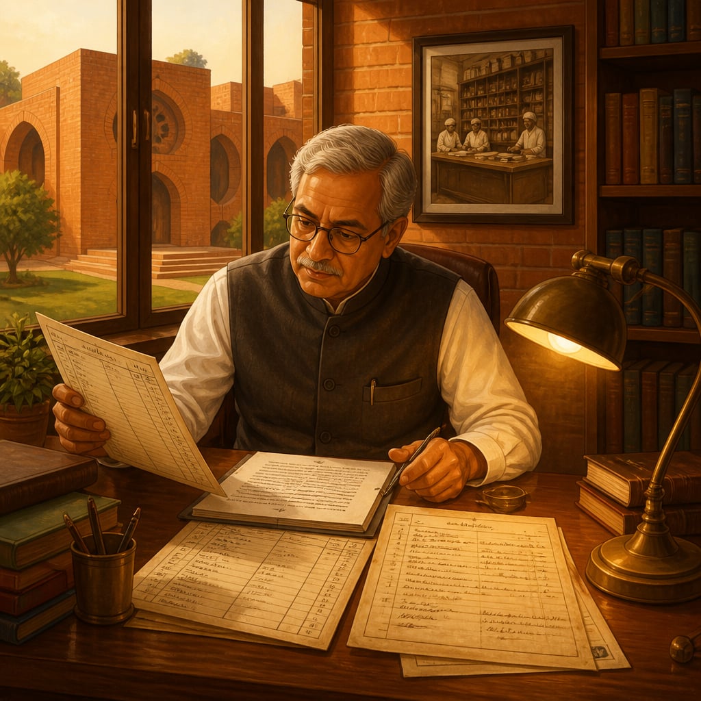 Dwijendra Tripathi comparing trading-community records at his IIM Ahmedabad desk