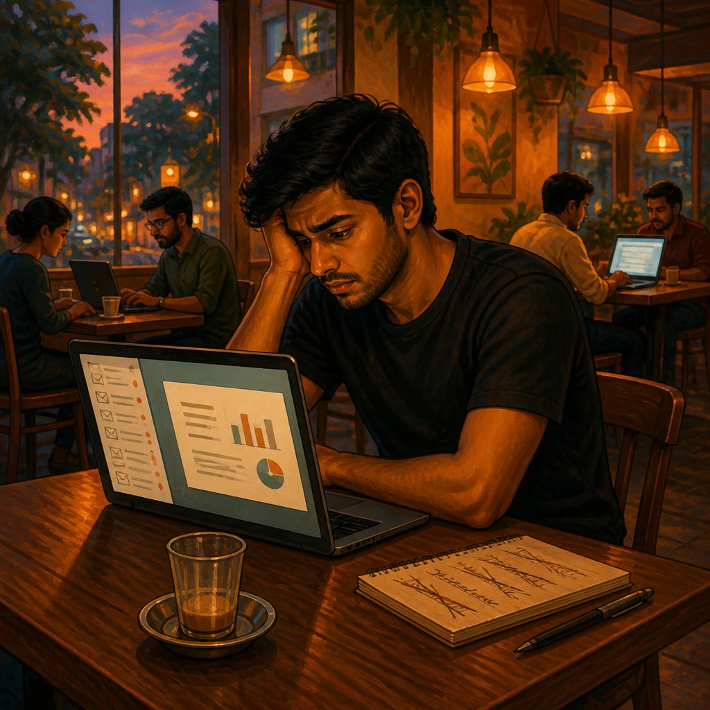 A Bangalore founder facing investor rejections at a Indiranagar cafe in 2024