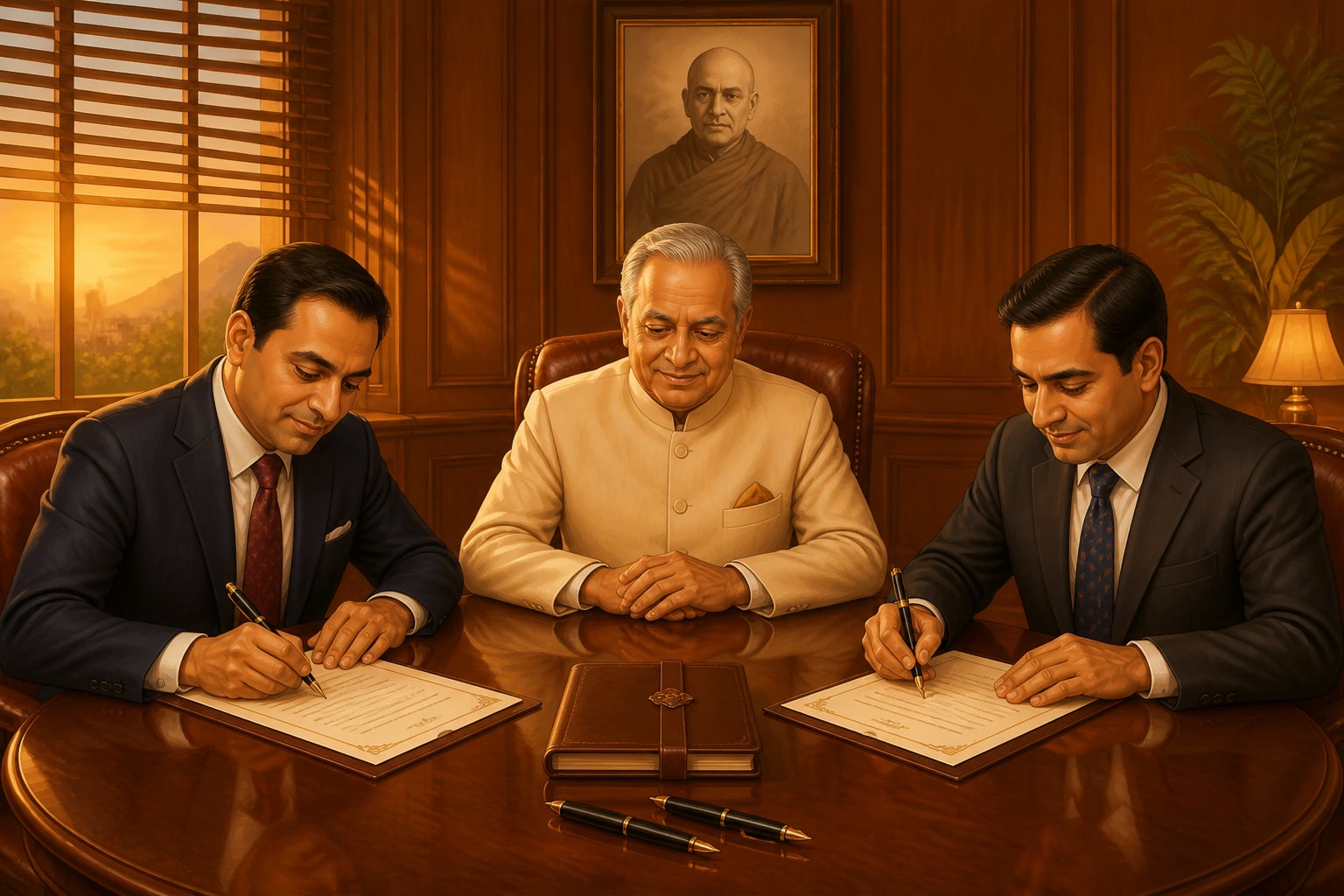 Rahul Bajaj and sons signing a graceful family partition