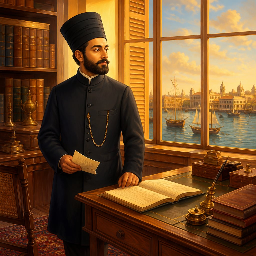Jamsetji Tata in his 1868 Bombay merchant office