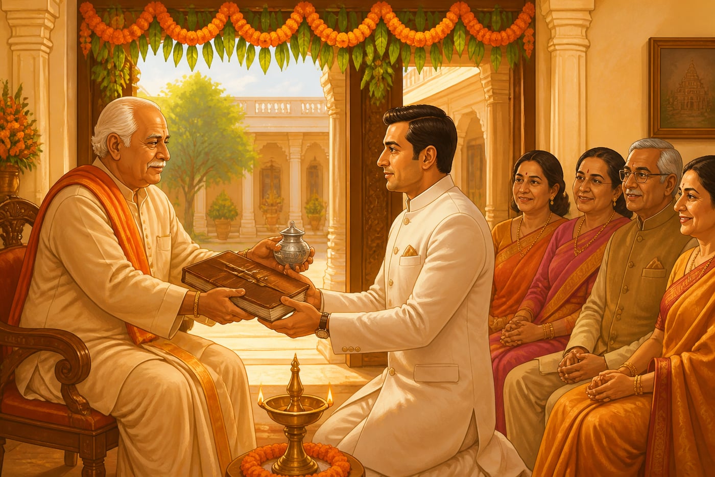Patriarch handing succession ledger to chosen heir