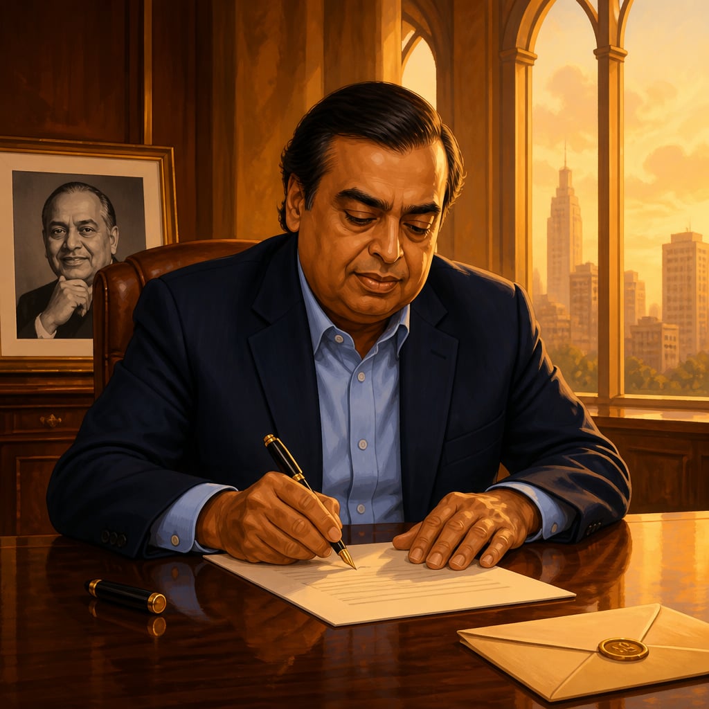 Mukesh Ambani signing the 453 crore release transfer
