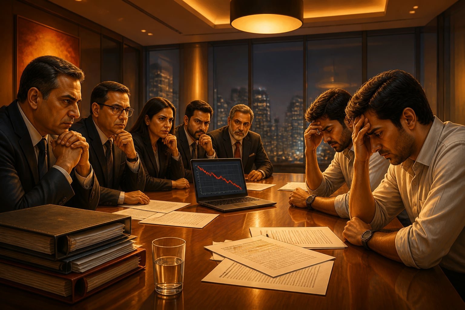 Tense modern boardroom meeting over a broken investor covenant