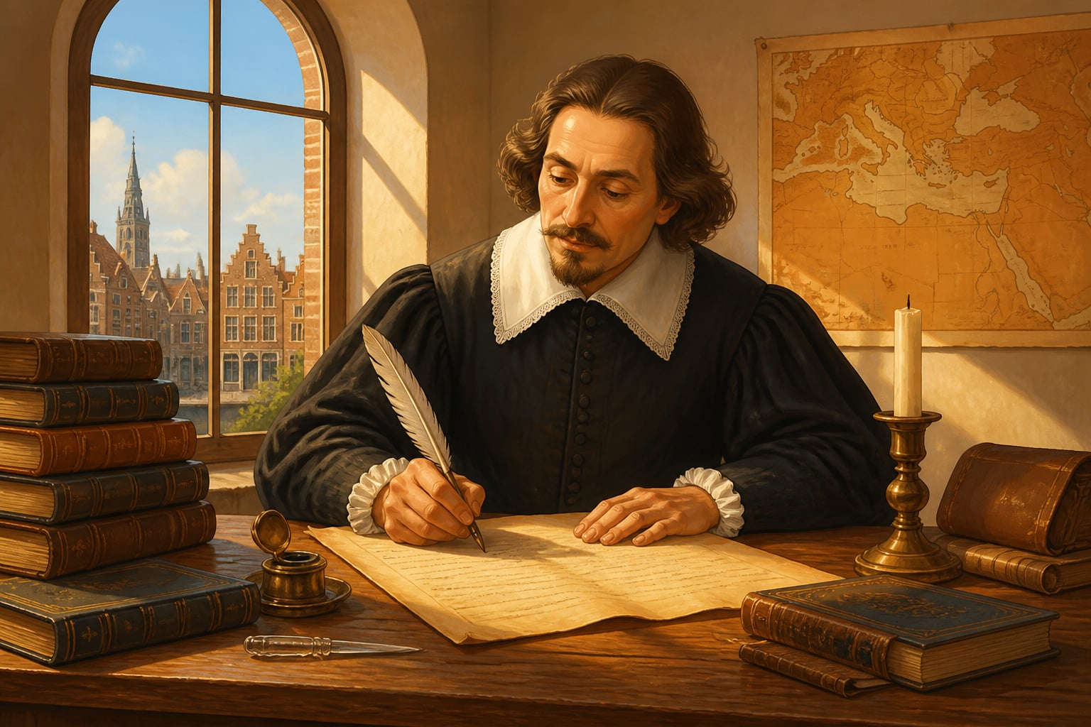 Hugo Grotius drafting his treatise in a Delft study