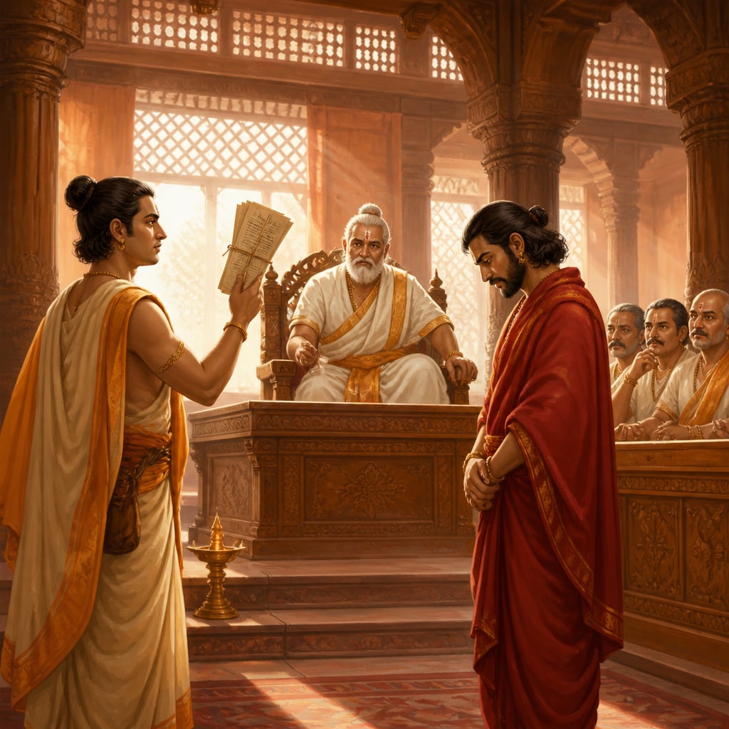 Merchant Vasubandhu confronting Dhanapala before a Pataliputra judge