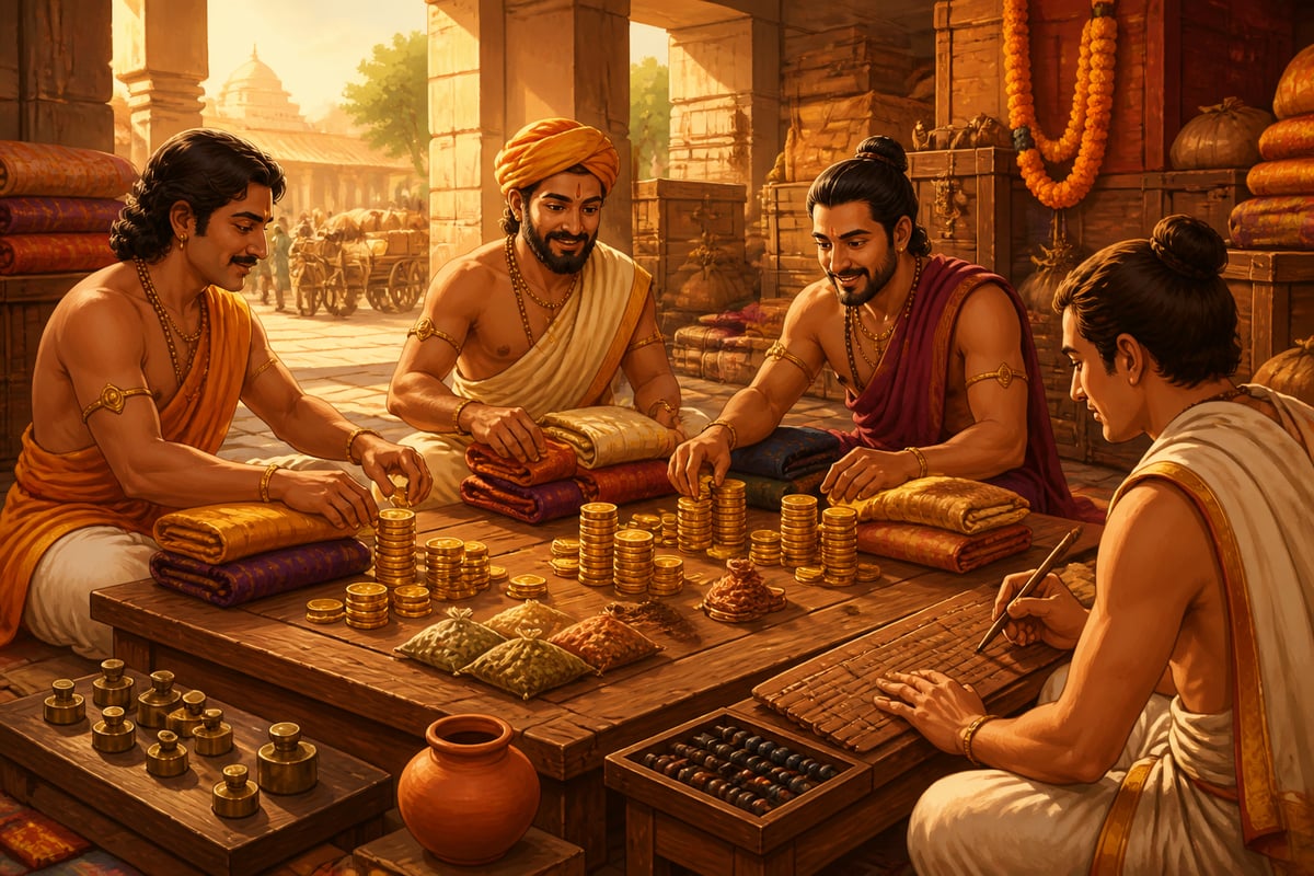 Mauryan partners dividing profits proportionally across goods and gold