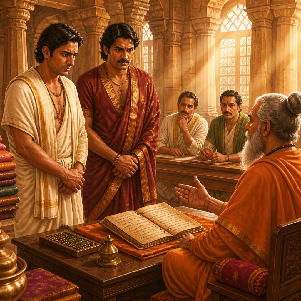 Varanasi guild master adjudicating Devadatta and Mitra's partnership dispute