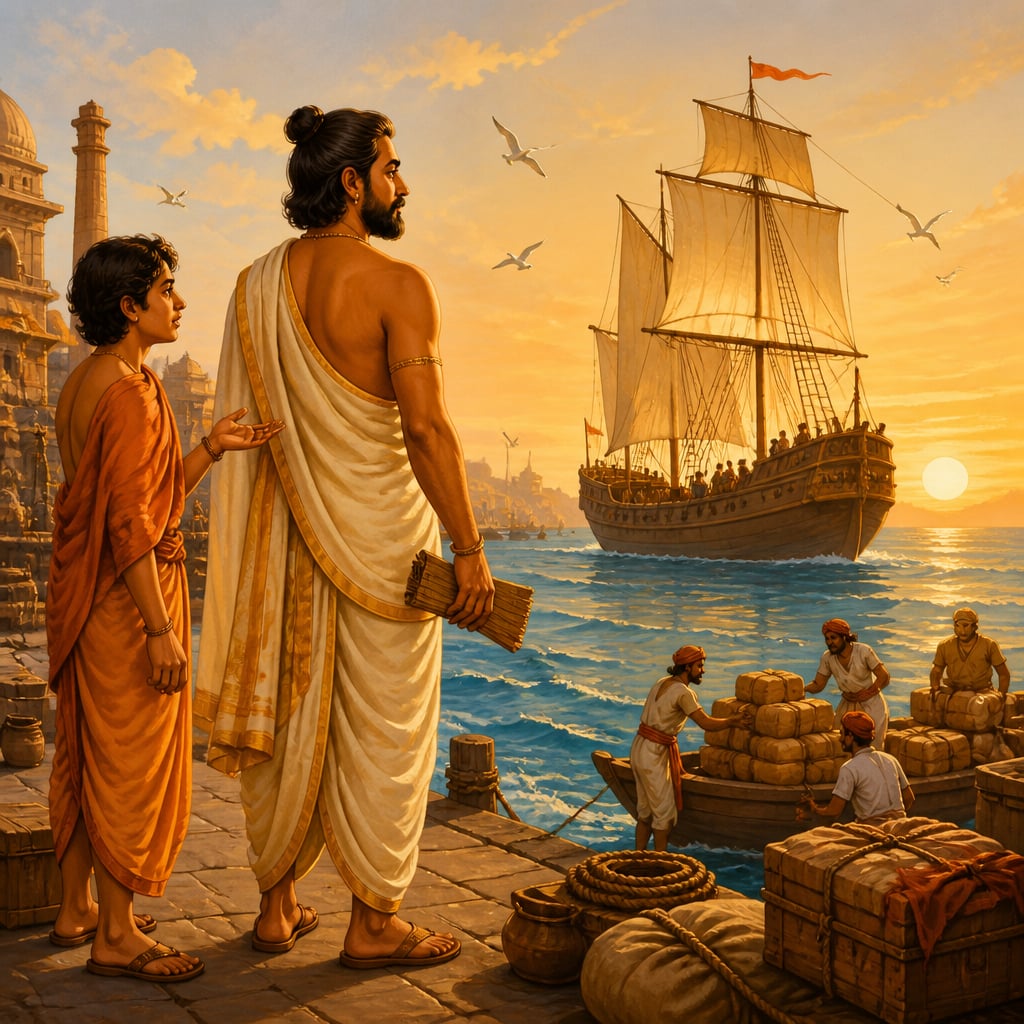 Sanghadasa watching his ship sail from Bharuch into the Arabian Sea