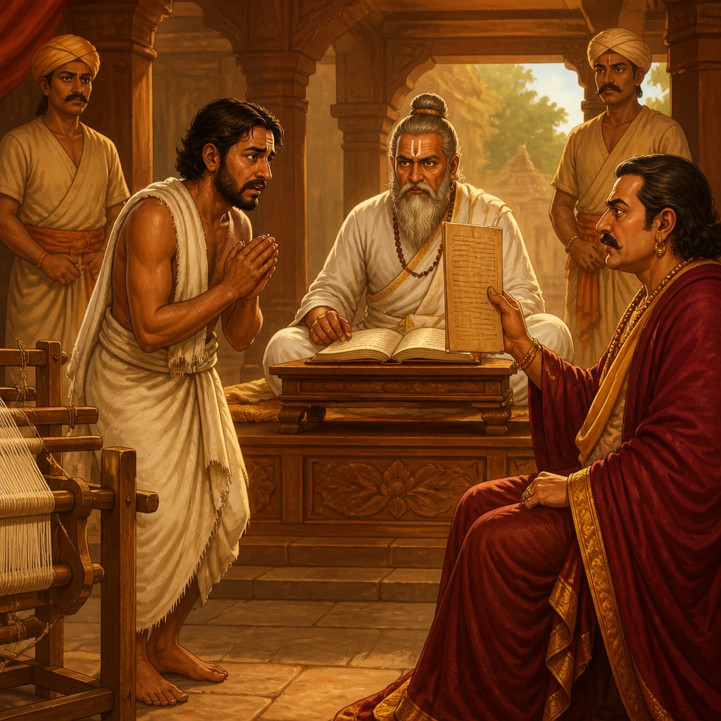 Weaver Vishvakarman before the Ujjain sabha with his loom at stake
