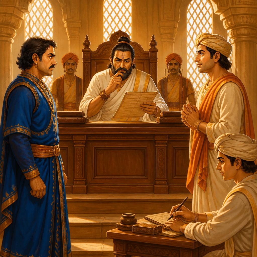 Varanasi judge examining a forged sale deed between Haridatta and Somadeva