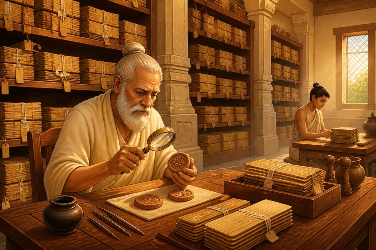 Royal scribe authenticating seals in a Mauryan document archive