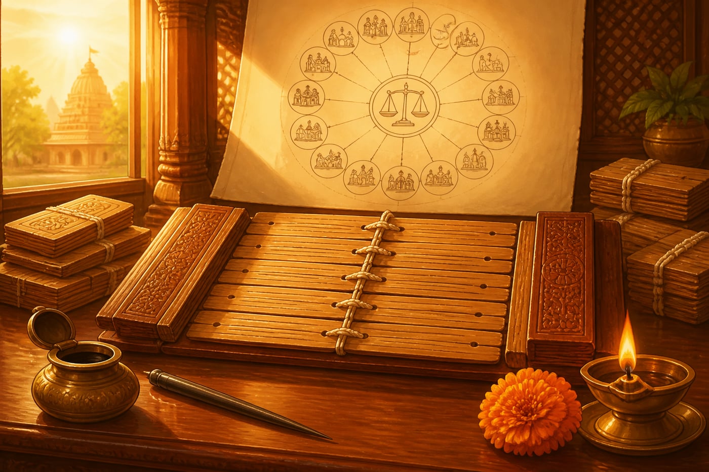 An open Brihaspati Smriti palm-leaf manuscript on a scholar's desk