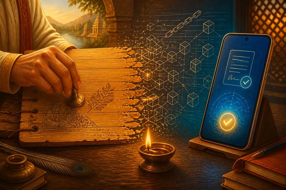 Ancient palm-leaf contract dissolving into modern blockchain ledger