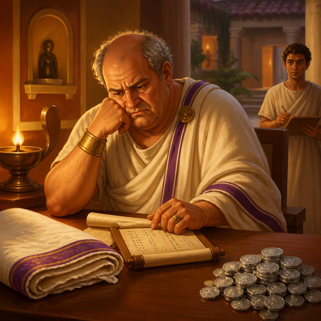 Pliny the Elder frowning at his accounts in a Roman villa