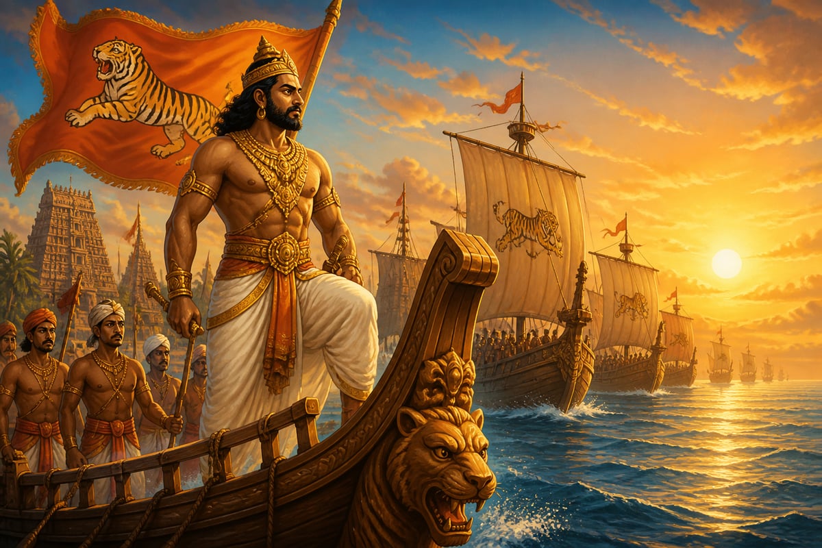 Rajendra Chola I leading his fleet out of Cuddalore at sunrise