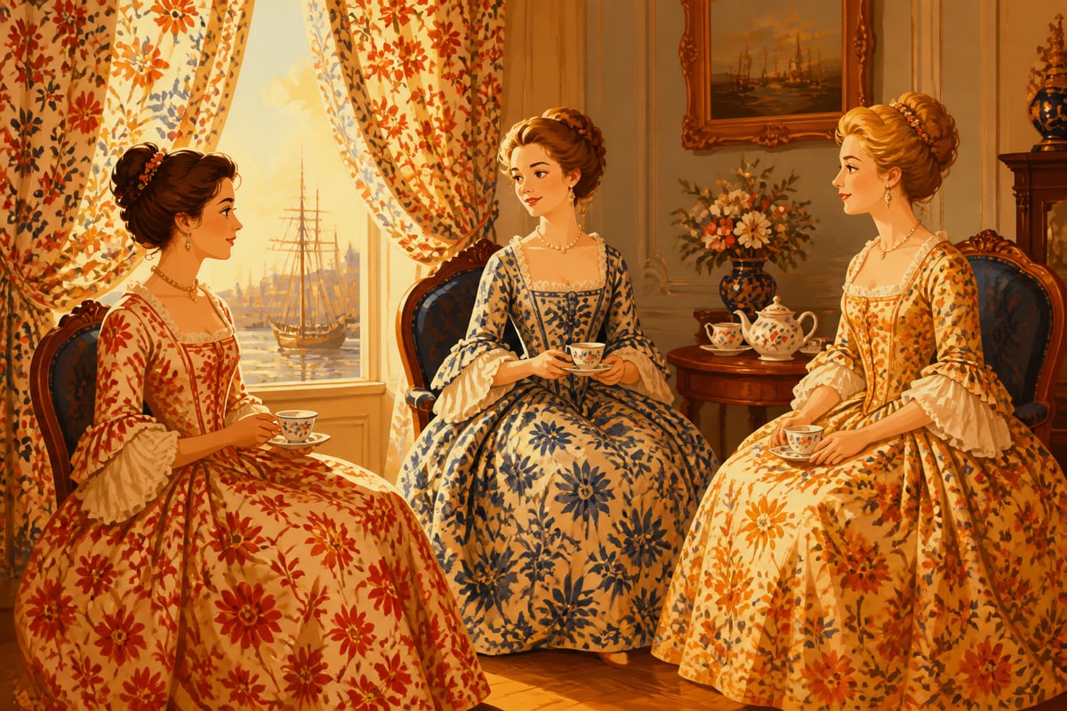 Fashionable Europeans dressed in Indian chintz in an 18th-century salon