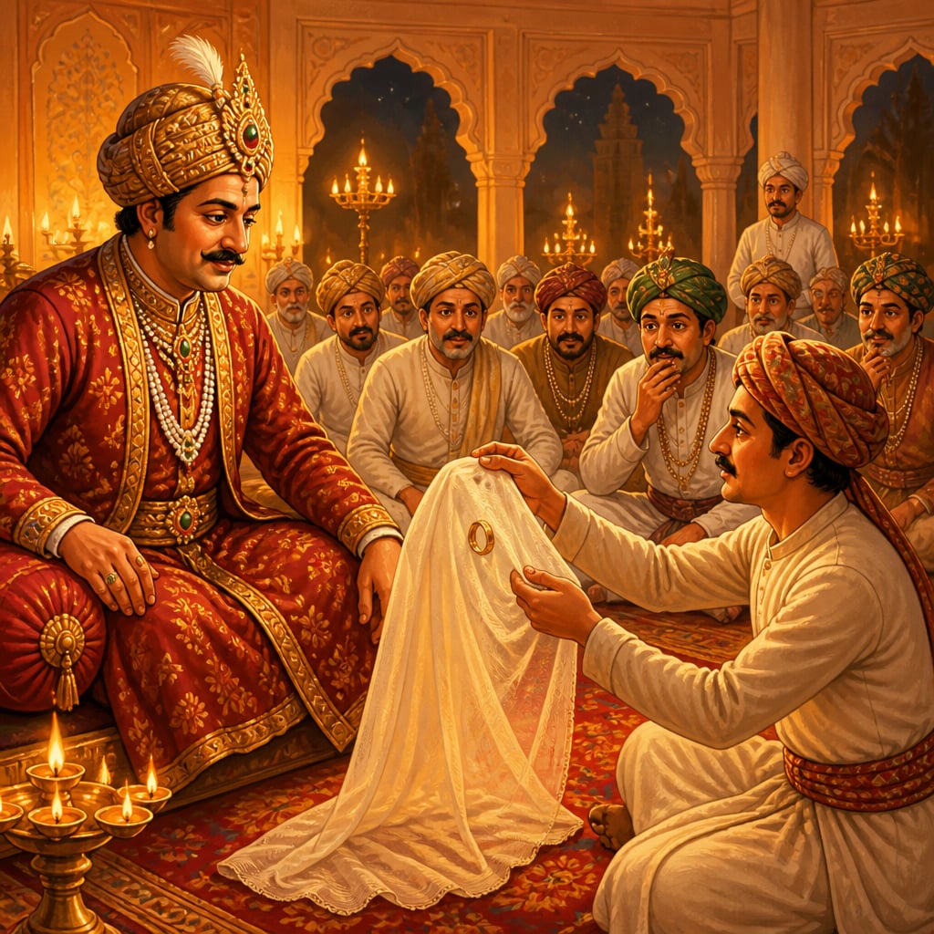 A fine ring drawn through an entire fold of Dacca muslin at the Nawab's durbar