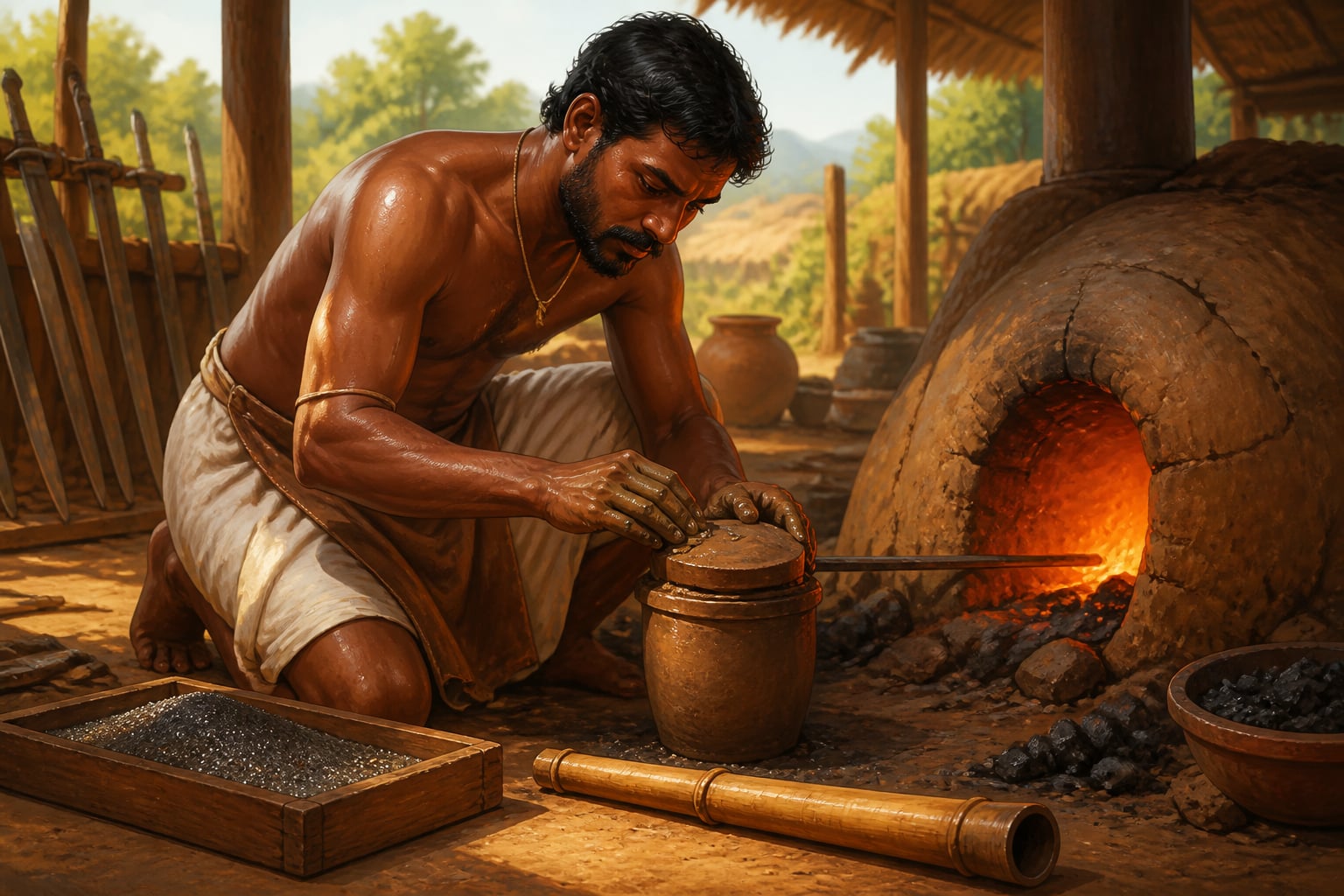 A Tamil smith sealing a wootz crucible at the Kodumanal forge