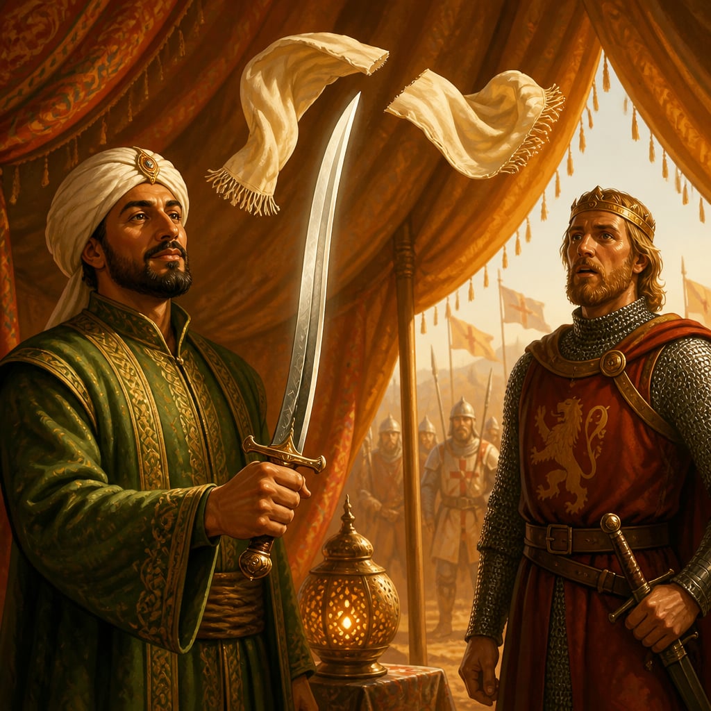 Saladin's wootz blade cleaving a falling silk scarf before Richard the Lionheart