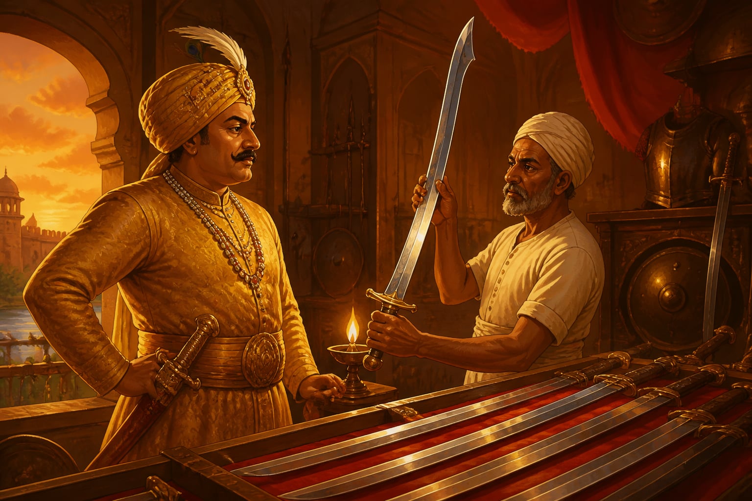 Tipu Sultan inspecting wootz swords in the Srirangapatna armoury