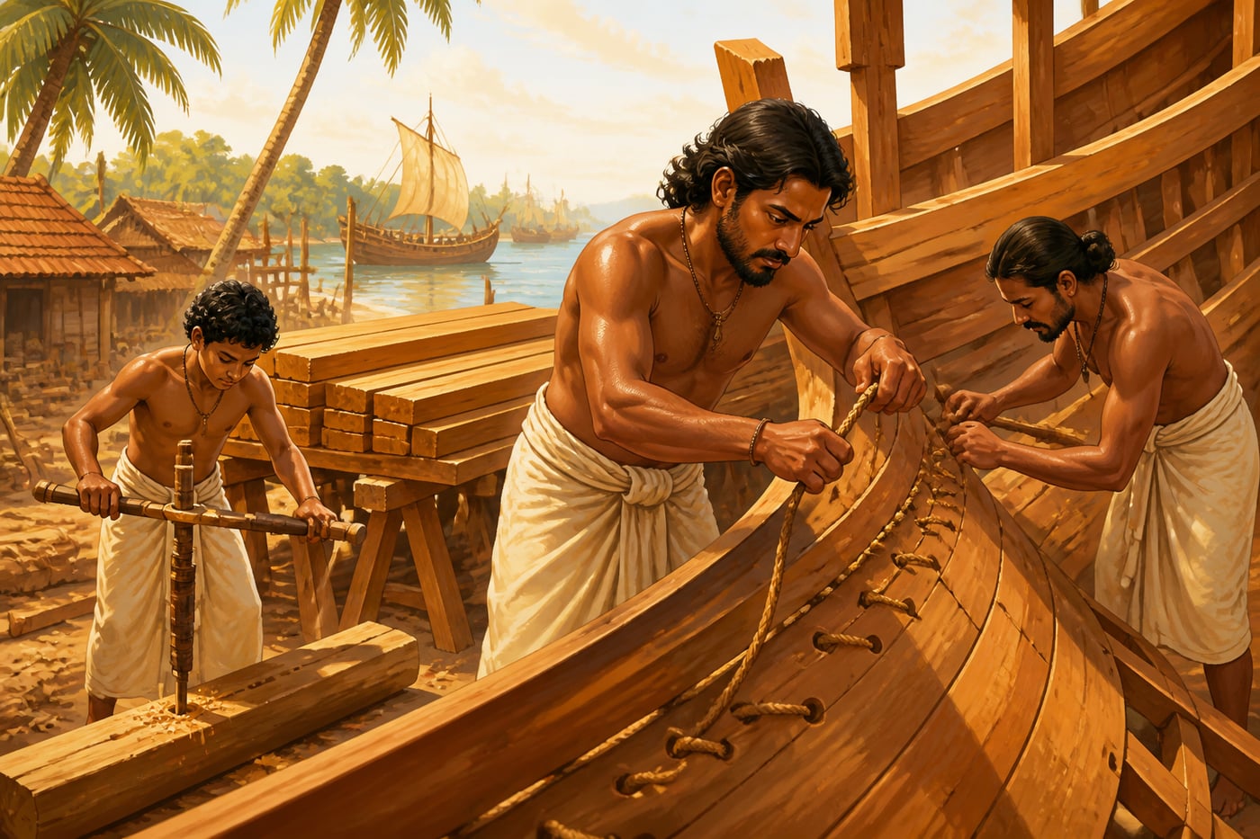 Malabar shipwrights stitching the planks of an odam in a Calicut yard