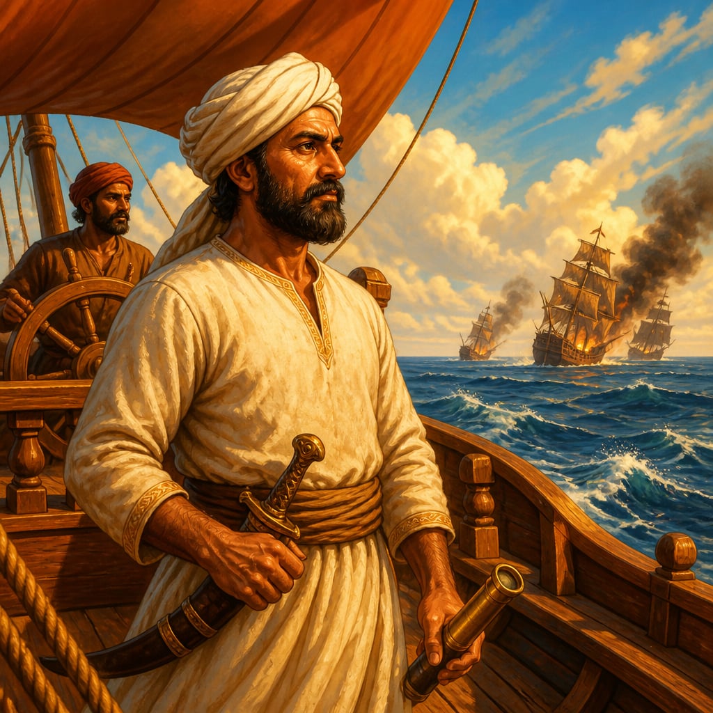 Admiral Kunjali Marakkar IV watching Portuguese galleons retreat in flames