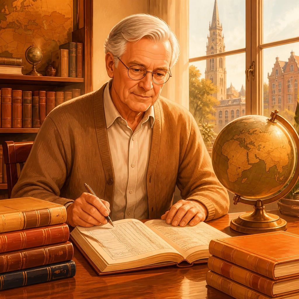 Angus Maddison at his Groningen desk with global economic ledgers
