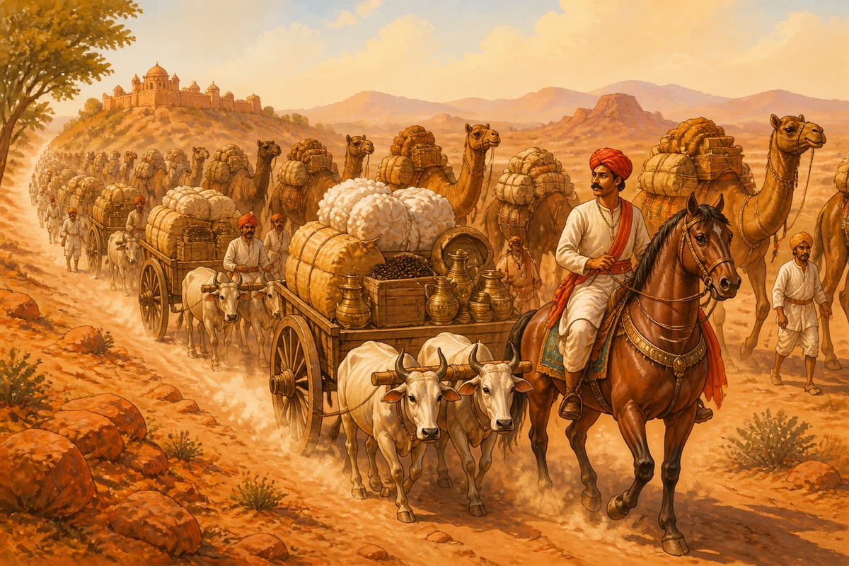 A 1700-era Mughal trading caravan of camels and bullock carts crossing Rajasthan