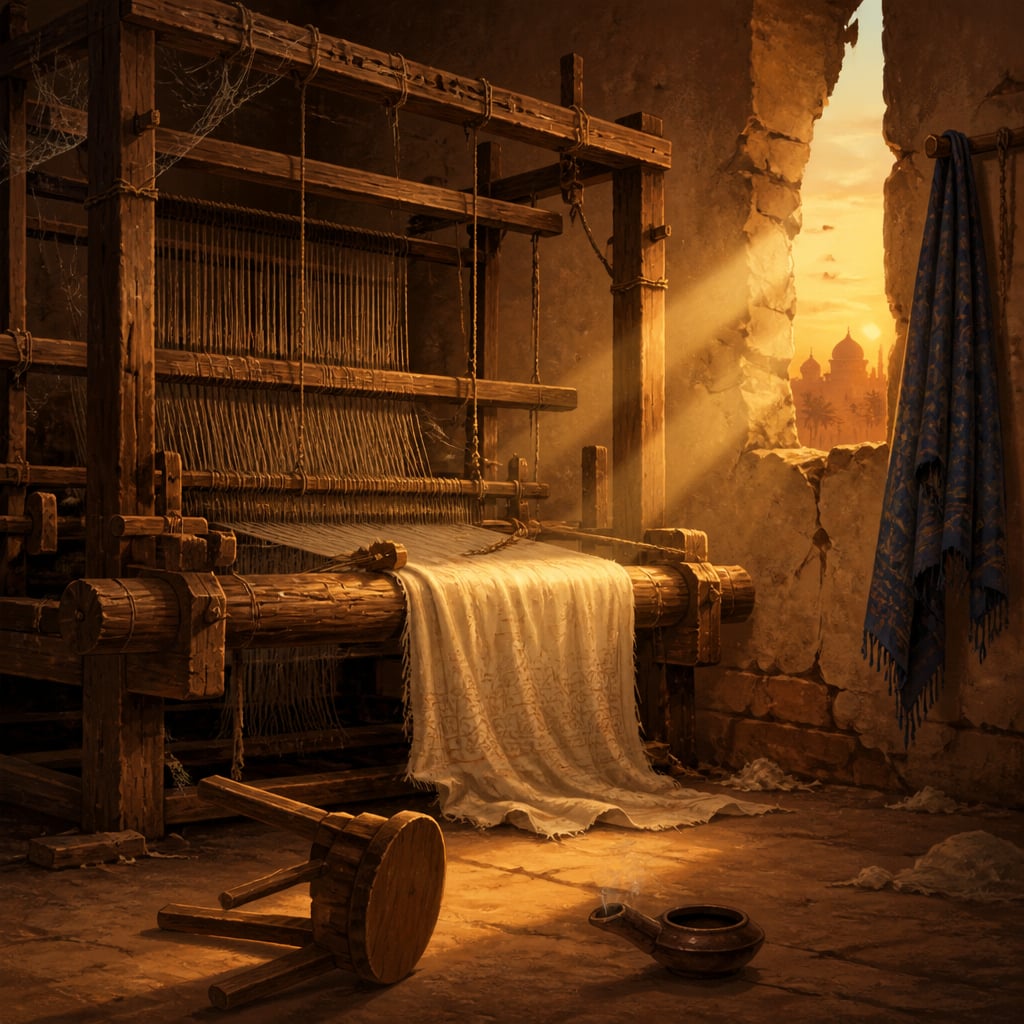 An abandoned Dacca weaver's pit-loom standing in a dust-filled workshop at dusk