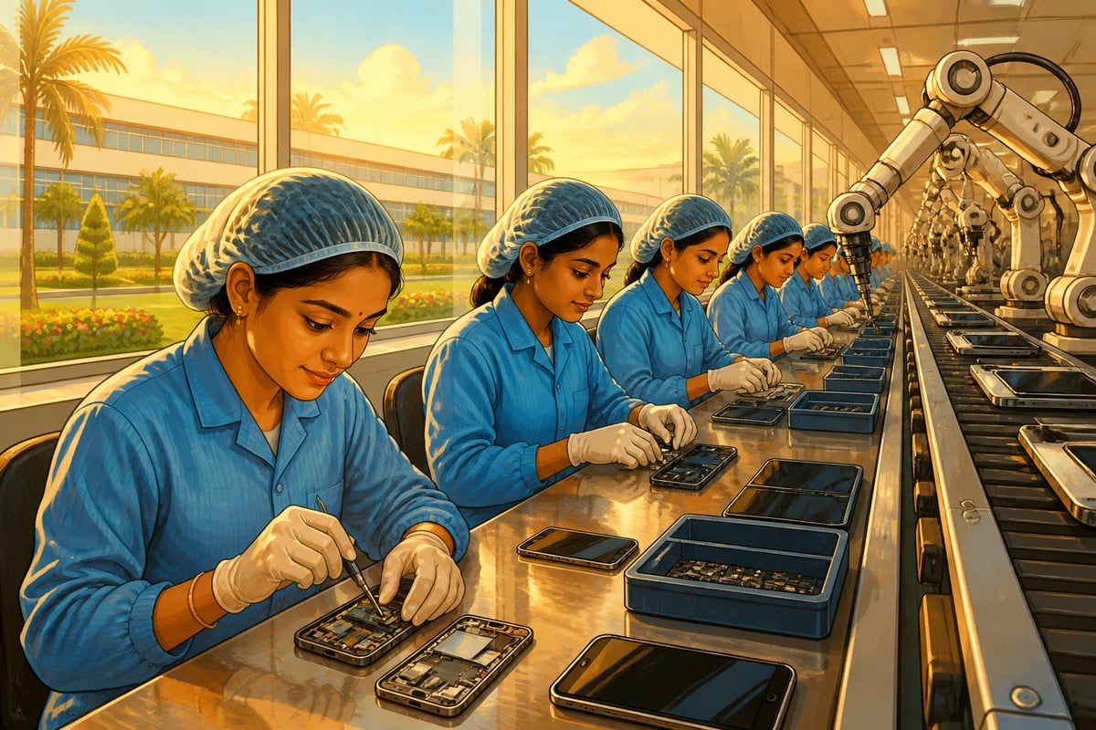 A modern Tamil Nadu electronics assembly line at midmorning