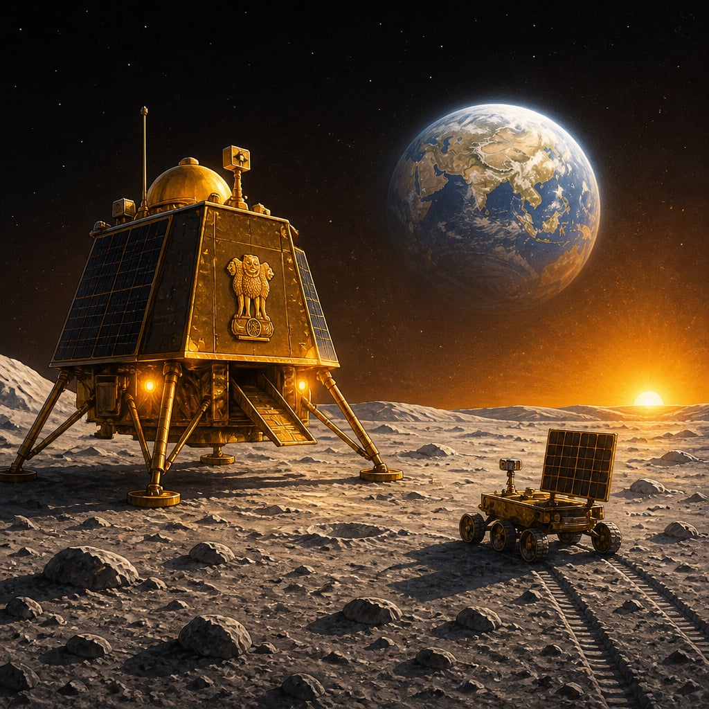 The Chandrayaan-3 lander on the Moon's south pole at lunar dawn
