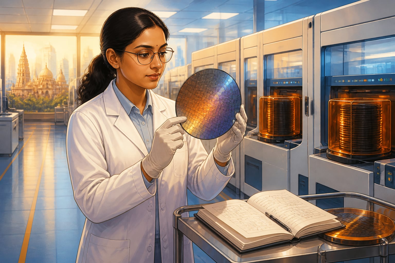 A young Indian engineer inspecting a silicon wafer in a semiconductor clean-room