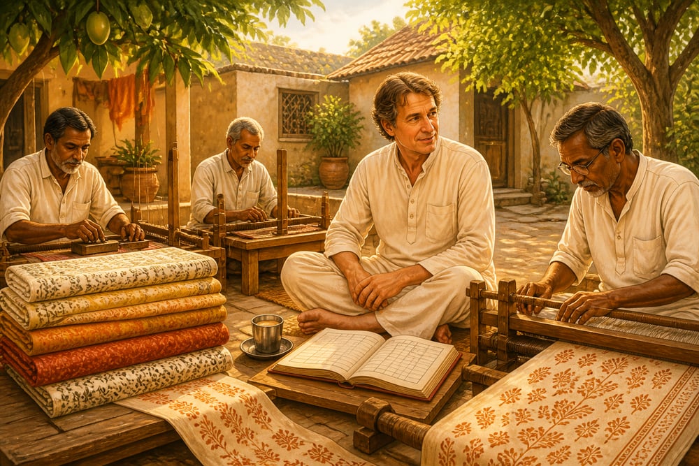 John Bissell with Fab India village weavers