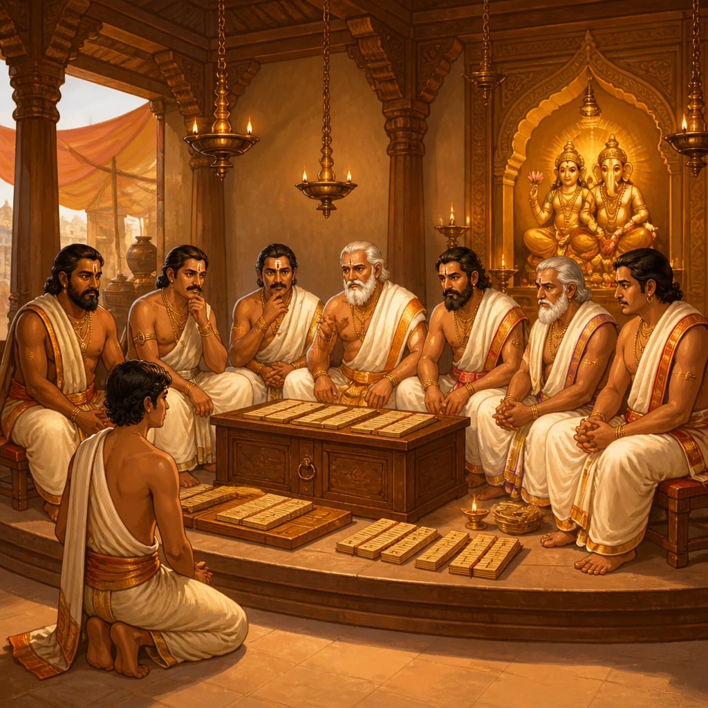 Ancient shreni trade guild in deliberation