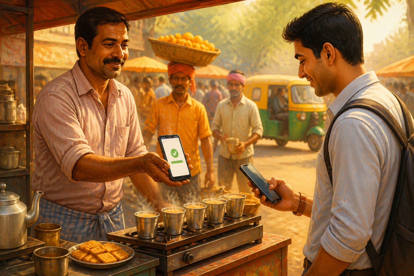 Chai-wallah receiving UPI payment at street stall