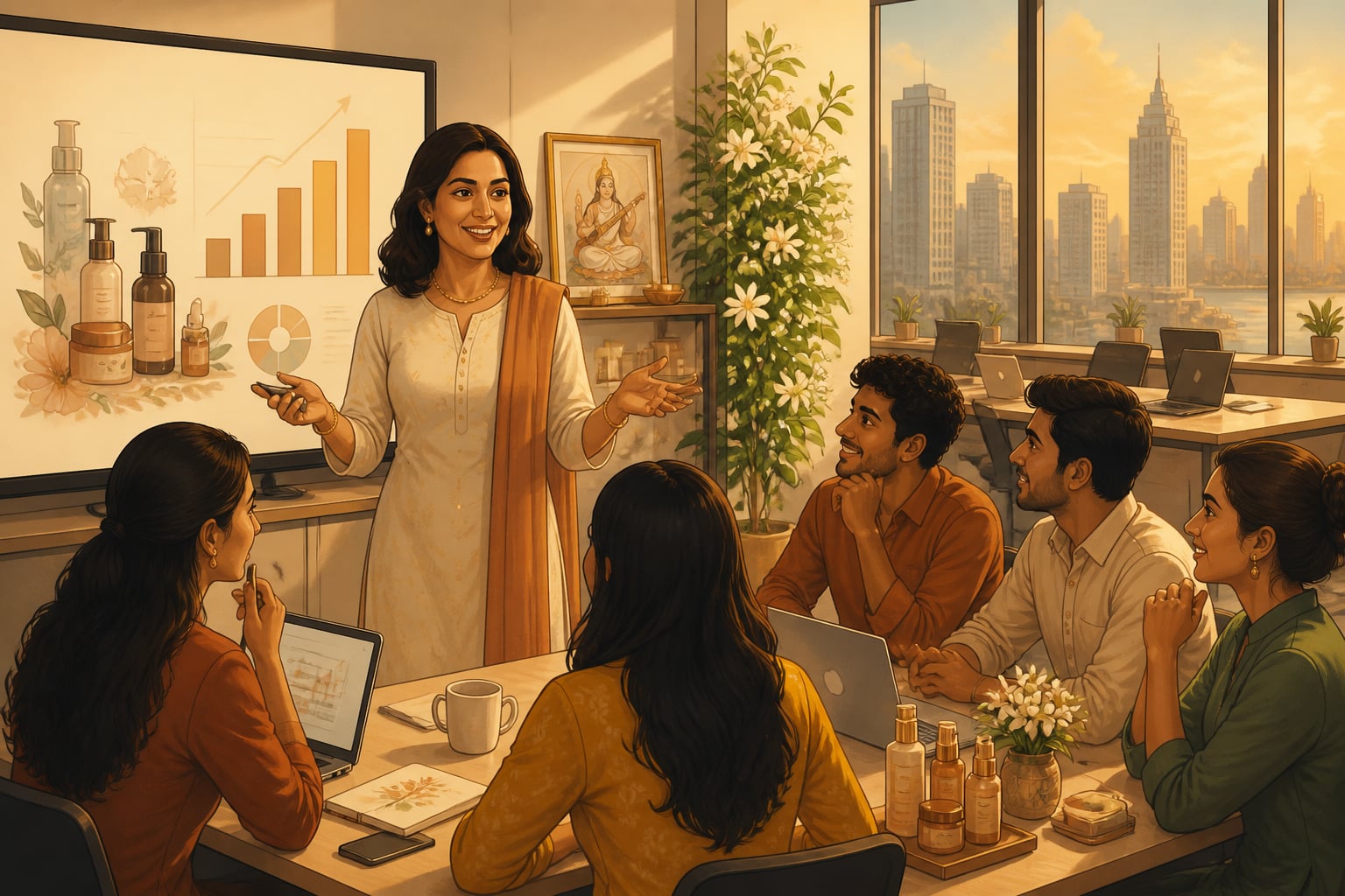 Indian woman founder presenting to her startup team