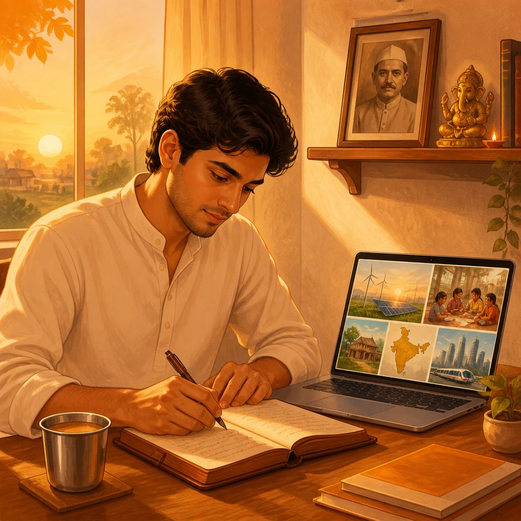 Young entrepreneur writing dharmic business sankalpa