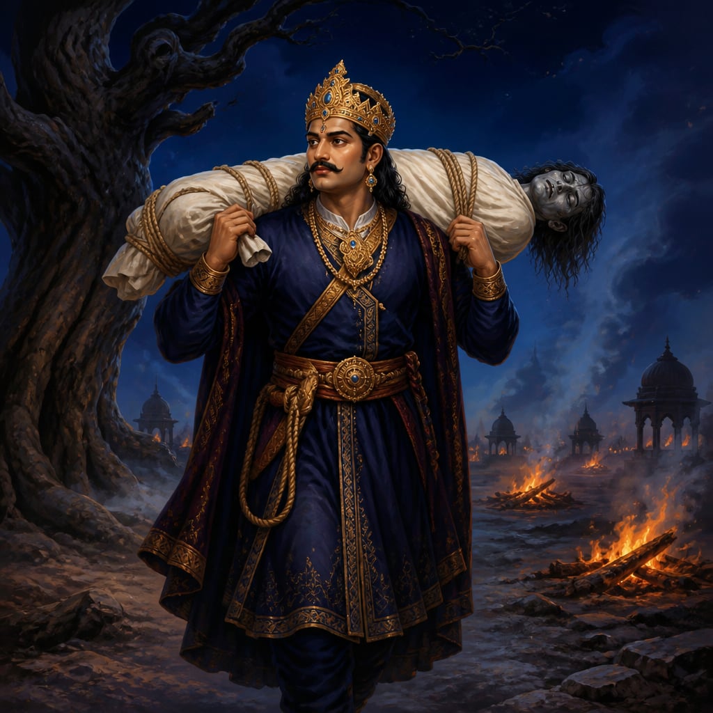 Vikramaditya carrying the shrouded Vetala corpse