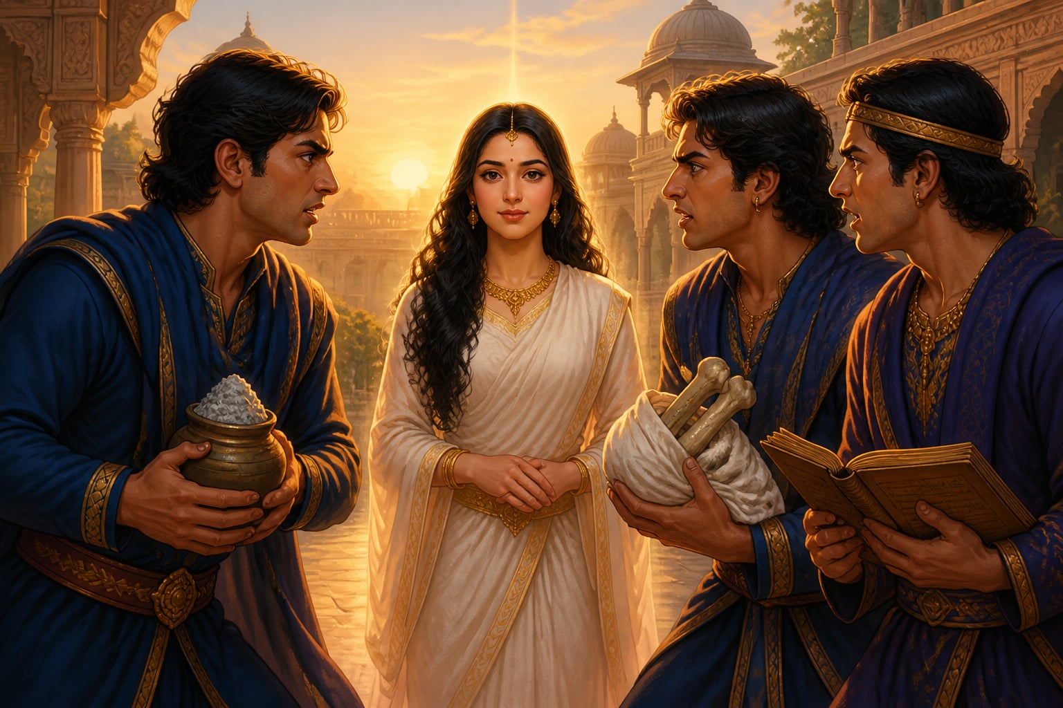 The revived woman between her three arguing suitors