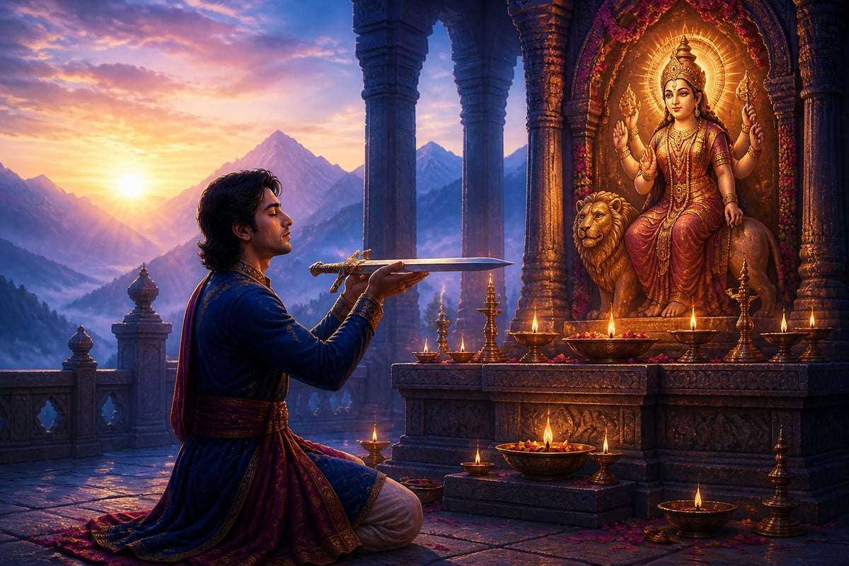 The husband kneels in vow before the Goddess