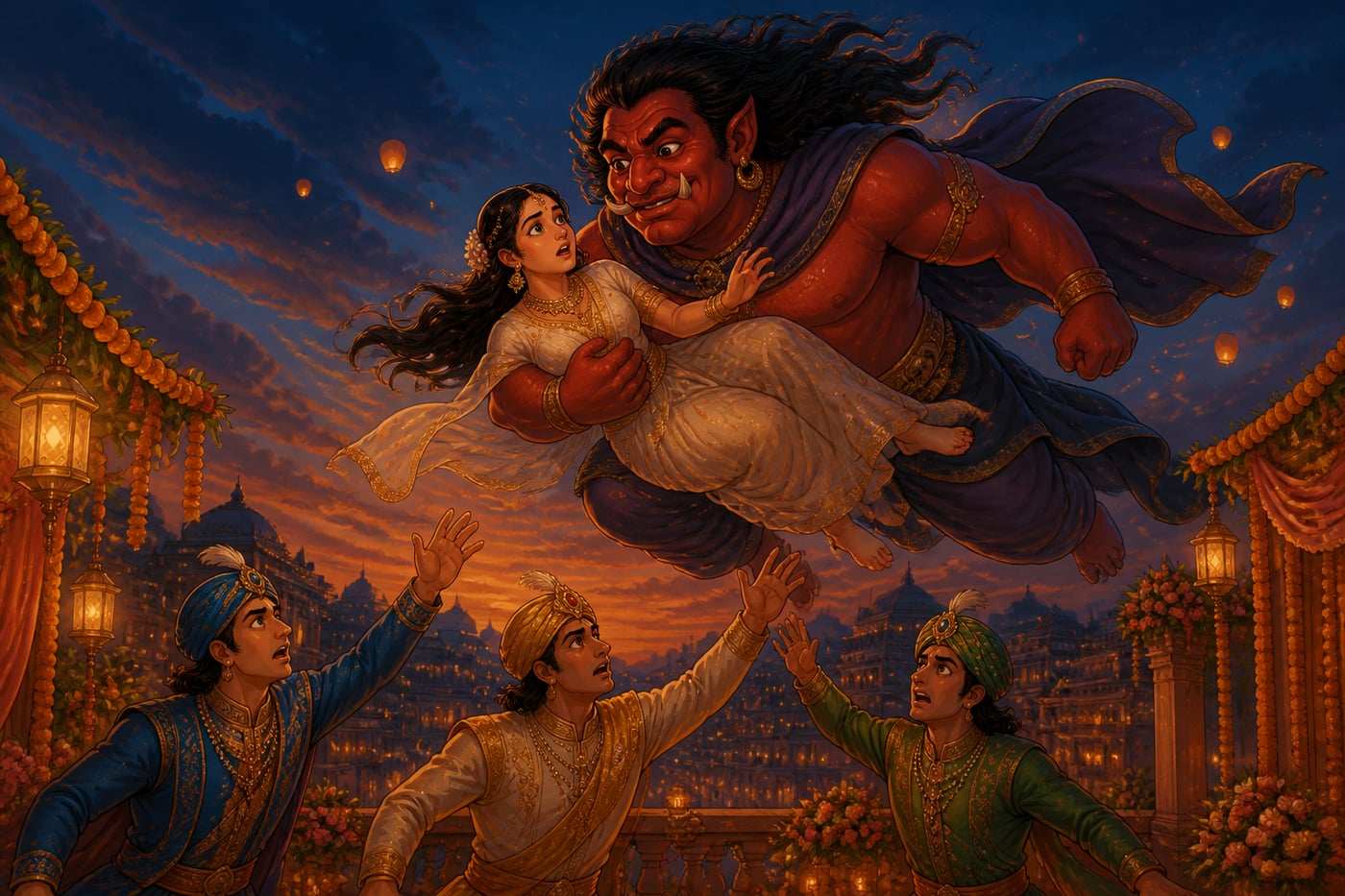 The rakshasa Dhumrasikha carries off Somaprabha