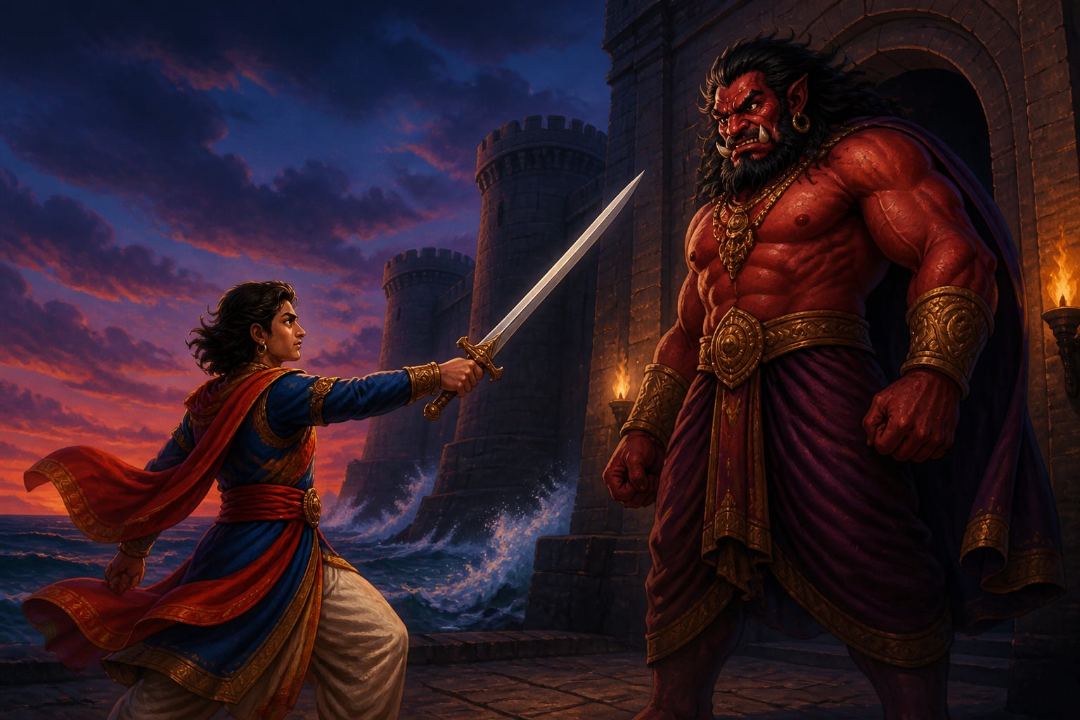 The warrior faces the demon at the gate