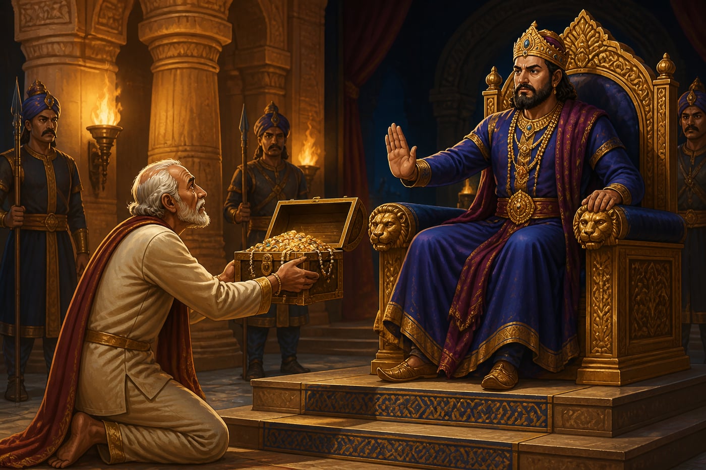 Ratnadatta offering his fortune to the king
