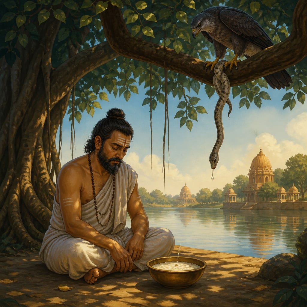Harisvamin beneath the banyan as venom falls