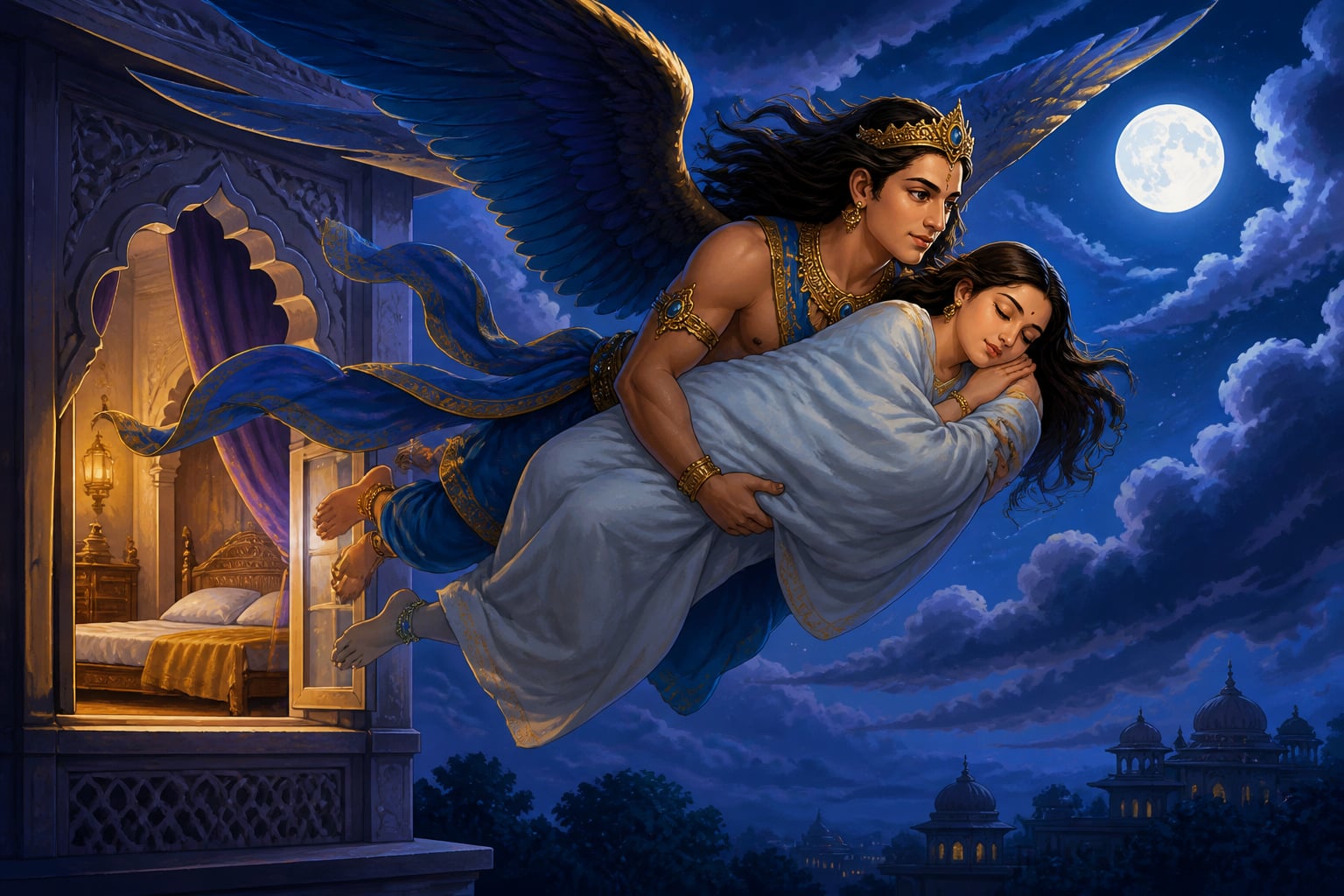 Madanavega carrying Lavanyavati through the night sky